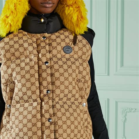 GG cotton canvas puffer vest in camel and brown